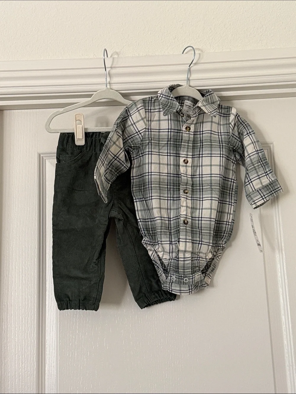 Carter's Plaid Button-Up Bodysuit in White and Green